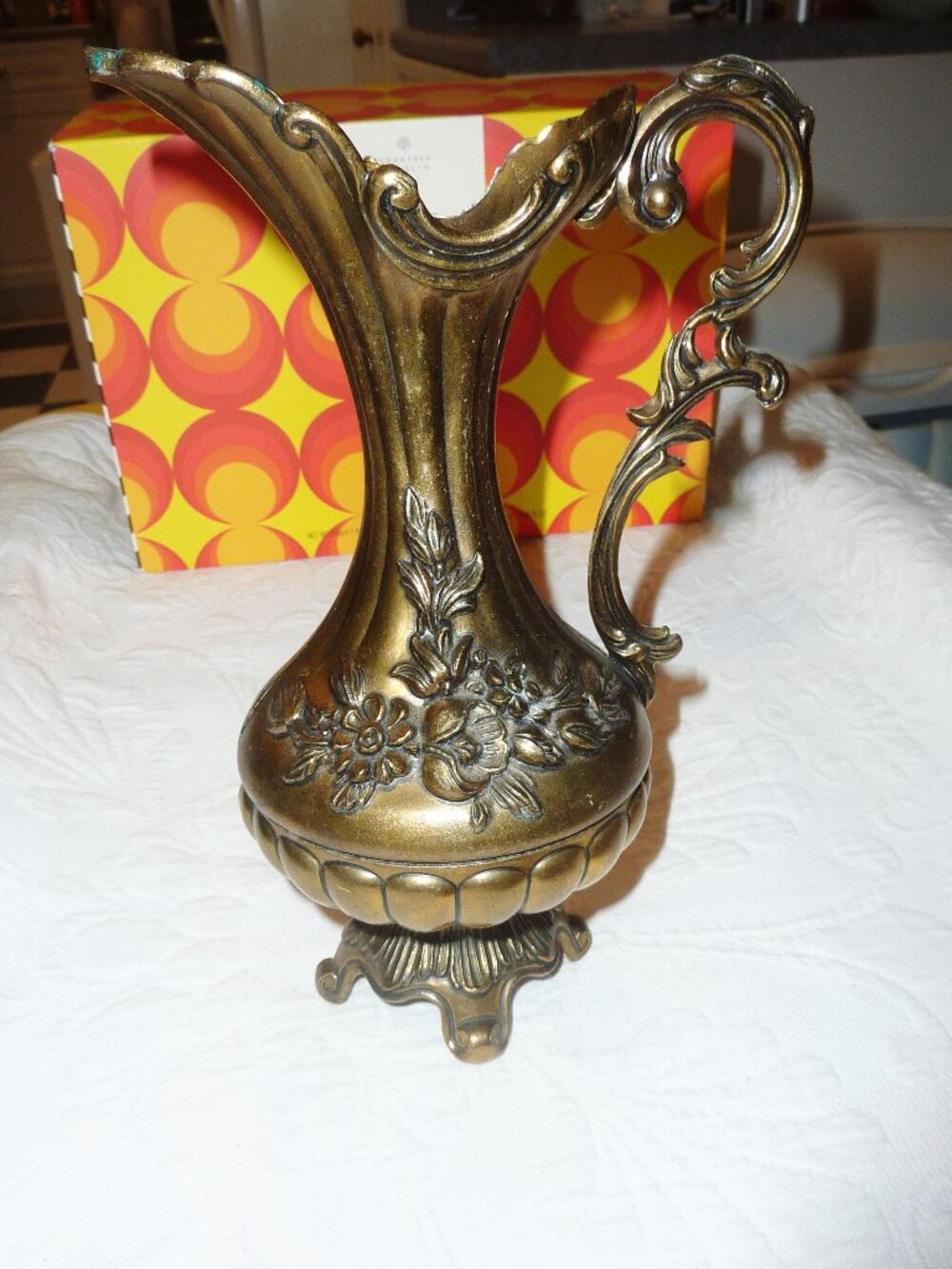 Vintage Antique Brass Footed Jug Shaped Pitcher Vase with Floral Accents